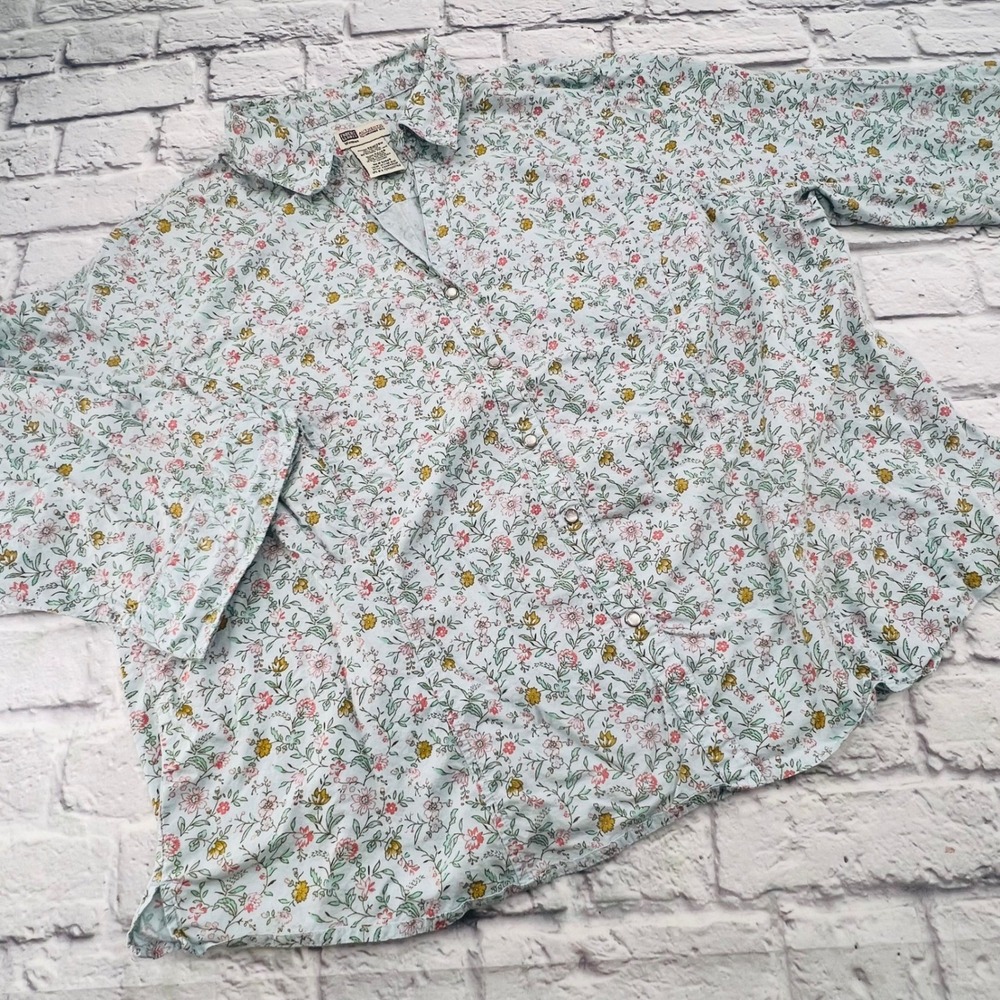 Faded Glory Woman Floral Snap Front Cotton Shirt Skyline Blue 26W 28W Casual